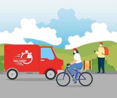 delivery workers with face masks vector