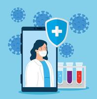 Tecnología de telemedicina con doctora en un teléfono inteligente e iconos médicos vector