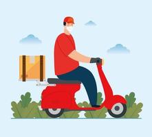 delivery worker using face mask in motorcycle vector
