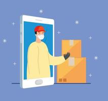 smartphone with app delivery and delivery worker with face mask vector