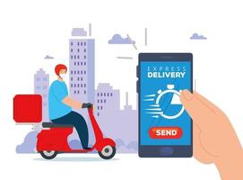 smartphone with app express delivery and worker with face mask vector