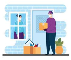 worker with face mask delivering packages vector