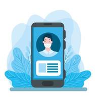 man with face mask in a smartphone vector