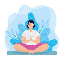 young woman practicing yoga with leafs decoration vector