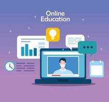 tecnología de educación en línea con laptop e íconos vector
