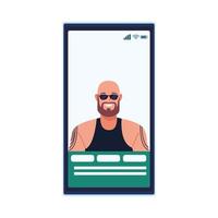 Hombre calvo con barba y tatuajes en smartphone vector