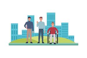 nerd with skinny man and man in wheelchair characters vector