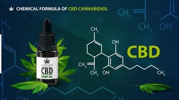 Chemical formula of CBD cannabidiol and CBD oil bottle with cannabis leafs. Dark poster with infographic of chemical formula of CBD cannabidiol vector