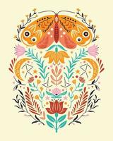 Spring motifs in folk art style. Colorful flat vector illustration with moth, flowers, floral elements and moon.