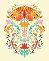 Spring motifs in folk art style. Colorful flat vector illustration with moth, flowers, floral elements and moon.