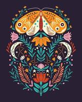 Spring motifs in folk art style. Colorful flat vector illustration with moth, flowers, floral elements and moon.