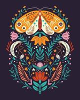 motivos de primavera en estilo de arte popular. Ilustración de vector plano colorido con polilla, flores, elementos florales y luna.