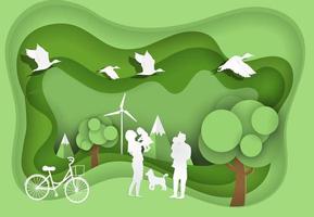 familia feliz en el parque verde con el día mundial del medio ambiente y el medio ambiente vector