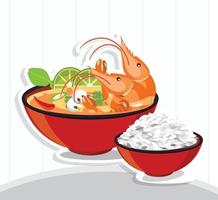 Tom Yum Kung Thai spicy soup and rice vector
