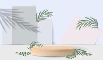 Wooden podium and leaves on a white background. vector