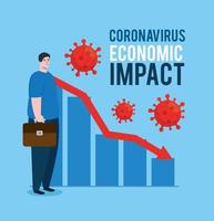 Hombre con infografía de iconos de impacto económico de coronavirus vector