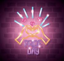 pride day neon light with heart hands shape vector