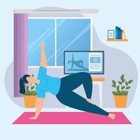 woman practicing online yoga in living room vector