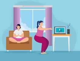 women practicing online yoga in living room vector