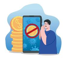 man with smartphone and icons of coronavirus economic impact vector