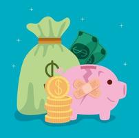 broken piggy bank with business icons vector