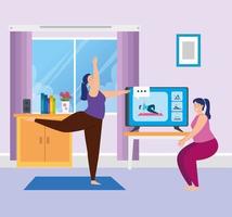 women practicing online yoga in living room vector