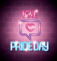 pride day neon light with speech bubble and heart vector