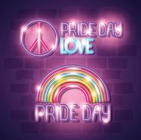 pride day neon light with rainbow and peace and love symbol vector