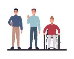 nerd with skinny man and man in wheelchair characters vector
