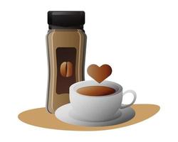 delicious coffee in ceramic cup with heart and drink bottle vector