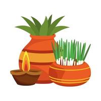 plantas de interior en macetas de cerámica y decoración de velas hindúes vector