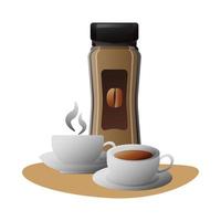 delicious coffee in ceramic cups and drink bottle vector