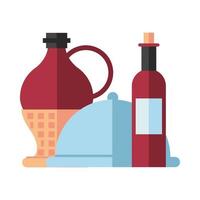 wine bottle in straw basket and tray vector