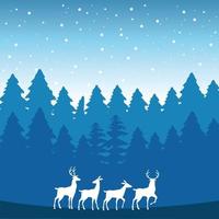 forest snowscape scene with reindeer silhouettes vector