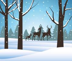 forest snowscape scene with reindeer silhouettes vector