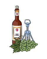 wine bottle with corkscrew and grapes vector