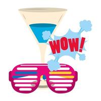 cocktail drink with retro glasses and pop art design of wow word exclamation vector