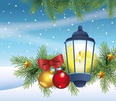 merry christmas card with kerosene lantern in snowscape vector