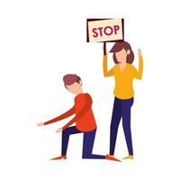 young couple protesting with stop banner vector