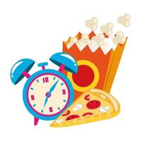 pop orn box with alarm clock and pizza slice vector