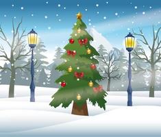 merry christmas card with pine tree in snowscape vector