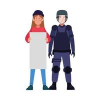 riot police with activist characters vector