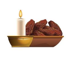 Candle in bowl and dates isolated vector