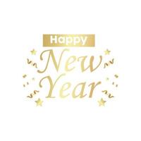 happy new year golden lettering with confetti and ribbon vector