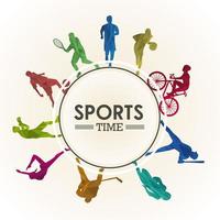 sports time poster with athletes silhouettes in circular frame vector