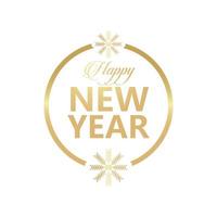 Feliz año nuevo letras doradas con copos de nieve en marco circular vector