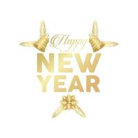 happy new year golden lettering with hanging bells and bow vector