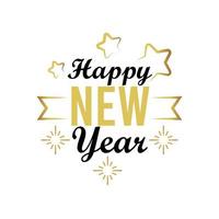 happy new year lettering card with golden stars and ribbon vector