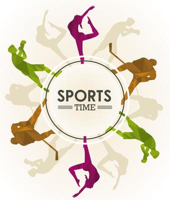 sports time poster with athletes figures silhouettes in circular frame