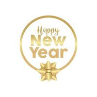 happy new year golden lettering with bow in circular frame vector